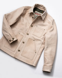 Side view of the Field Jacket in Natural leather on model showing fit and silhouette