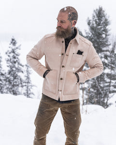 Model wearing the Field Jacket in Natural leather showing styling possibilities