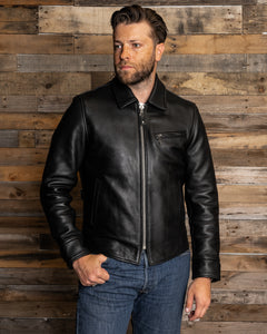 Master Supply Co Bonneville Half Belt Jacket - Durable 1.5mm Semi-Vegetable Tanned Cowhide Leather with Sage Green Cotton Twill Liner, Zippered Horizontal Breast Pocket, and Vented Multi-Panel Back.