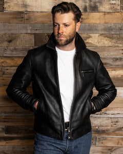 Master Supply Co Bonneville Half Belt Jacket - Durable 1.5mm Semi-Vegetable Tanned Cowhide Leather with Sage Green Cotton Twill Liner, Zippered Horizontal Breast Pocket, and Vented Multi-Panel Back.