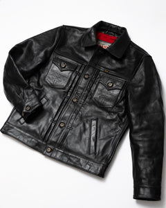 Front View of the Hardline Jacket: A front view of the Hardline Jacket by Master Supply Co., showcasing the premium vegetable-tanned cowhide leather with a rich patina and pleated front design.