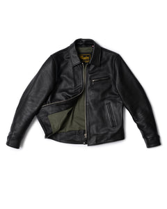 Master Supply Co Bonneville Half Belt Jacket - Durable 1.5mm Semi-Vegetable Tanned Cowhide Leather with Sage Green Cotton Twill Liner, Zippered Horizontal Breast Pocket, and Vented Multi-Panel Back.