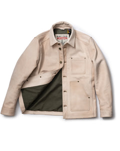 Detail shot of the Field Jacket pocket and hardware in Natural vegetable-tanned leather