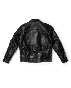 Front View of the Hardline Jacket: A front view of the Hardline Jacket by Master Supply Co., showcasing the premium vegetable-tanned cowhide leather with a rich patina and pleated front design.