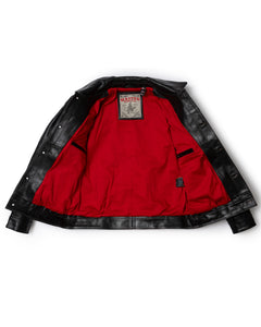 Front View of the Hardline Jacket: A front view of the Hardline Jacket by Master Supply Co., showcasing the premium vegetable-tanned cowhide leather with a rich patina and pleated front design.